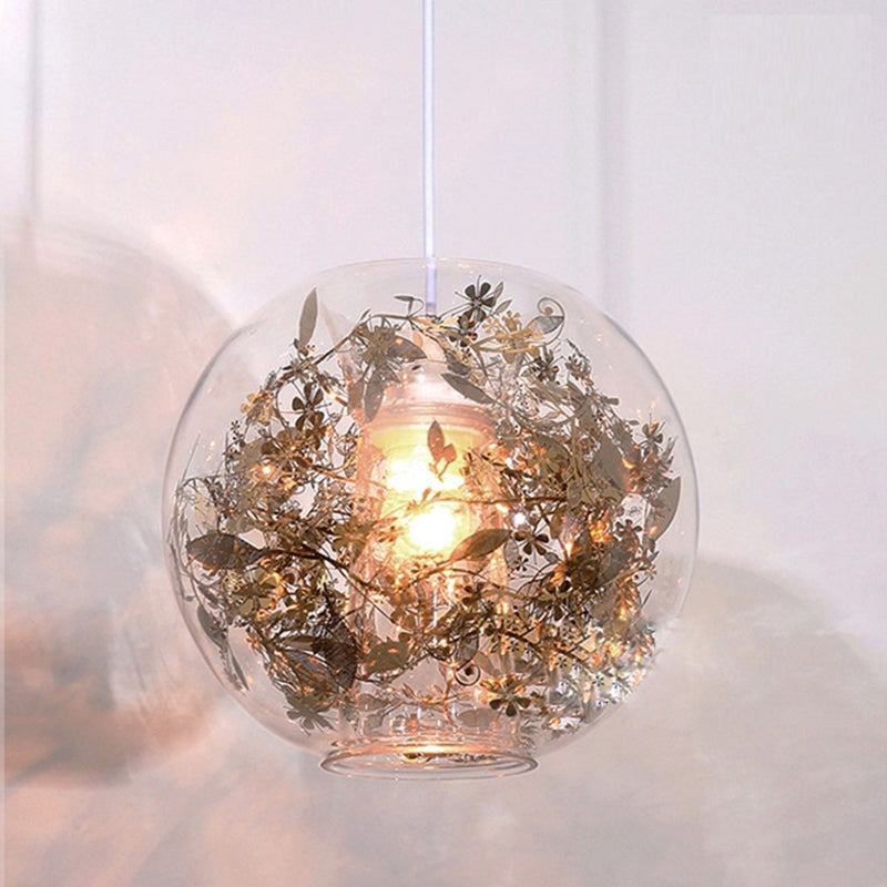 Modern Clear Glass Pendulum Light with Scattered Flower Decor - 1 Head Silver/Gold Ceiling Hang Lamp