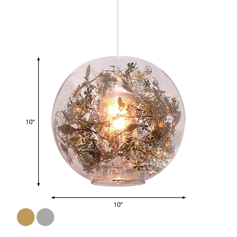 Modern Clear Glass Pendulum Light with Scattered Flower Decor - 1 Head Silver/Gold Ceiling Hang Lamp