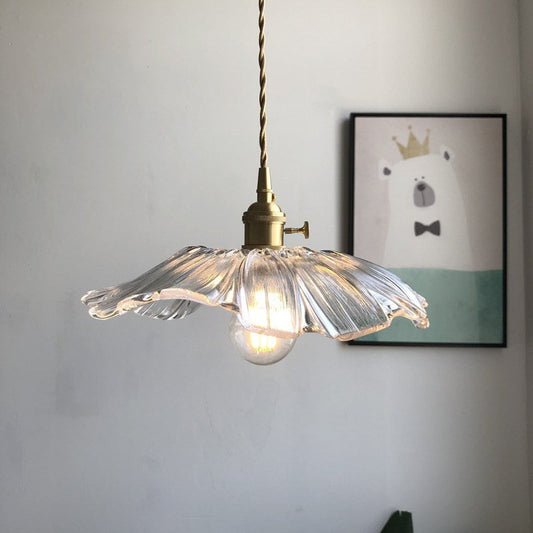 Modern Purple/Clear Glass Flower Pendant Lamp - 1 Light Brass Suspended Dining Table Fixture