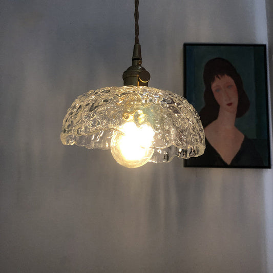 Lampe suspendue en verre texturé transparent en forme de bol avec bordure florale - Lampe suspendue moderne en laiton