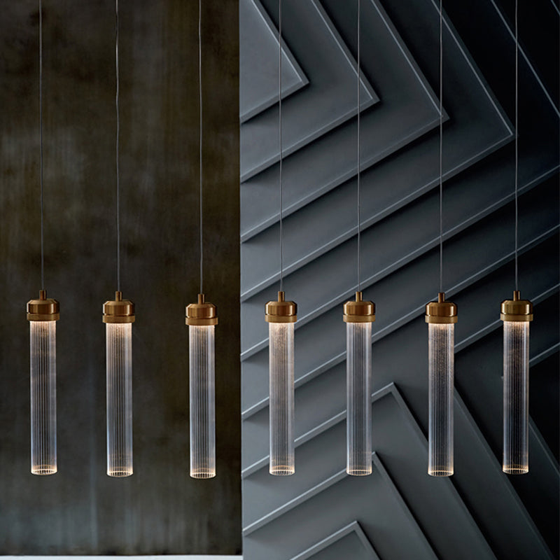 Clear Fluted Glass Tube Pendant Light: Simple Gold Ceiling Hanging Lamp for Dining Table