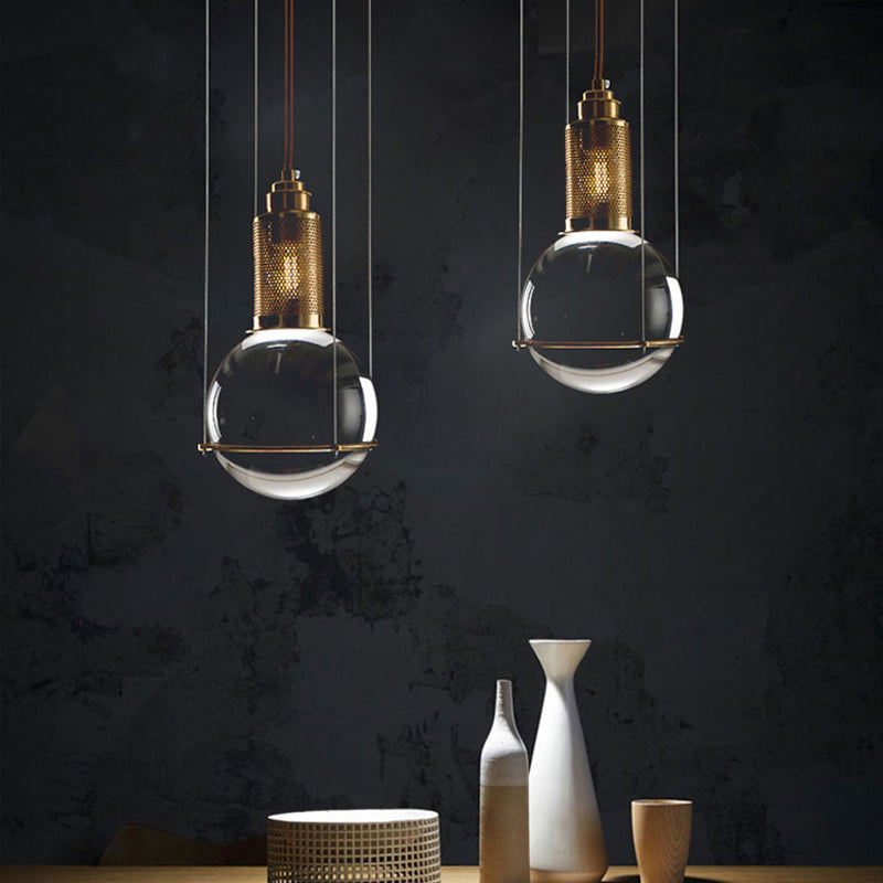 Postmodern Clear Glass Ball Pendant Ceiling Light with Gold Mesh Top - Single Hanging Lamp Kit
