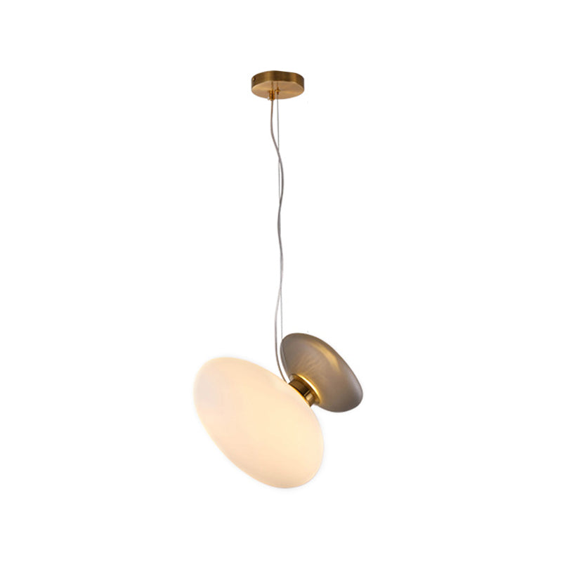 Dining Room Pendant Light - Post-Modern Brass Suspension Lighting with Blue/Cream Glass Shade - Set of 2