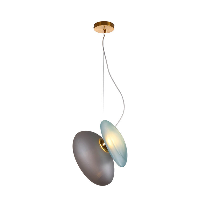 Dining Room Pendant Light - Post-Modern Brass Suspension Lighting with Blue/Cream Glass Shade - Set of 2