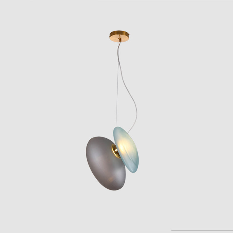 Dining Room Pendant Light - Post-Modern Brass Suspension Lighting with Blue/Cream Glass Shade - Set of 2