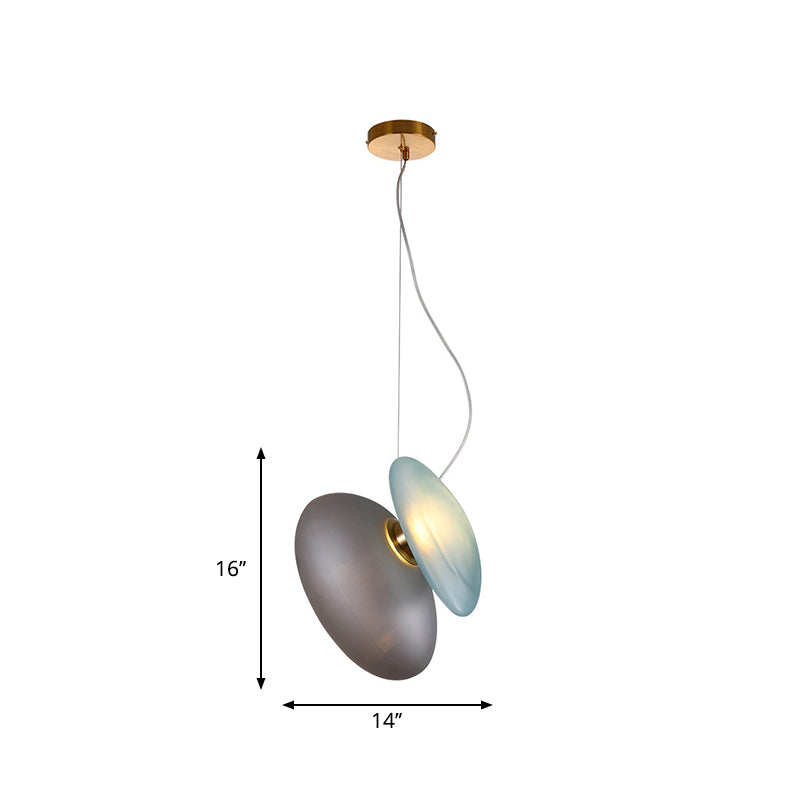 Dining Room Pendant Light - Post-Modern Brass Suspension Lighting with Blue/Cream Glass Shade - Set of 2