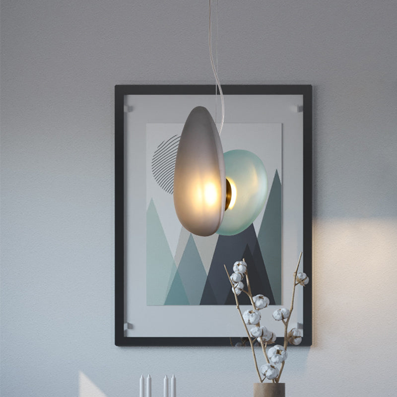 Dining Room Pendant Light - Post-Modern Brass Suspension Lighting with Blue/Cream Glass Shade - Set of 2