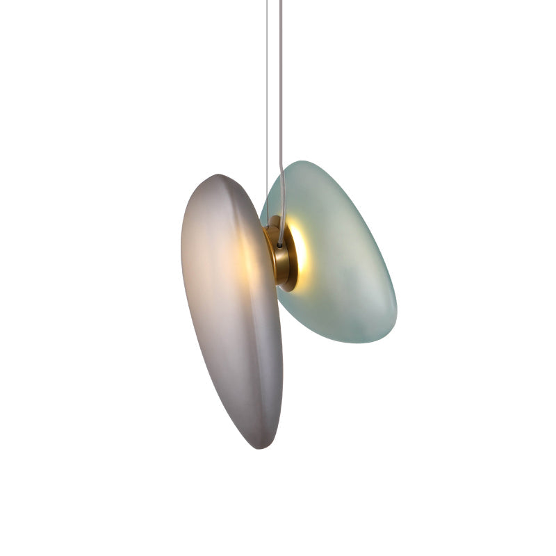 Dining Room Pendant Light - Post-Modern Brass Suspension Lighting with Blue/Cream Glass Shade - Set of 2