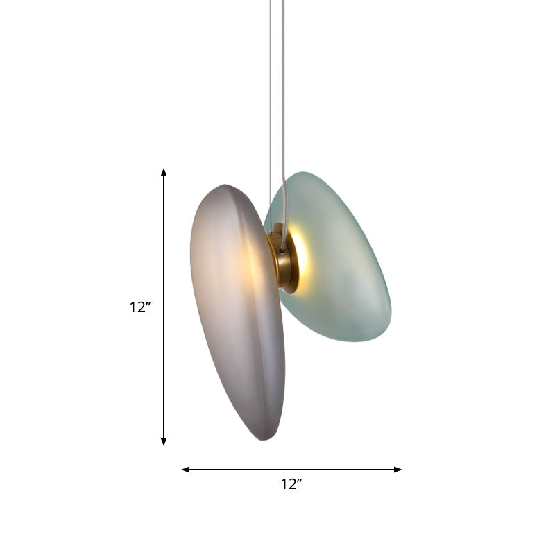 Dining Room Pendant Light - Post-Modern Brass Suspension Lighting with Blue/Cream Glass Shade - Set of 2