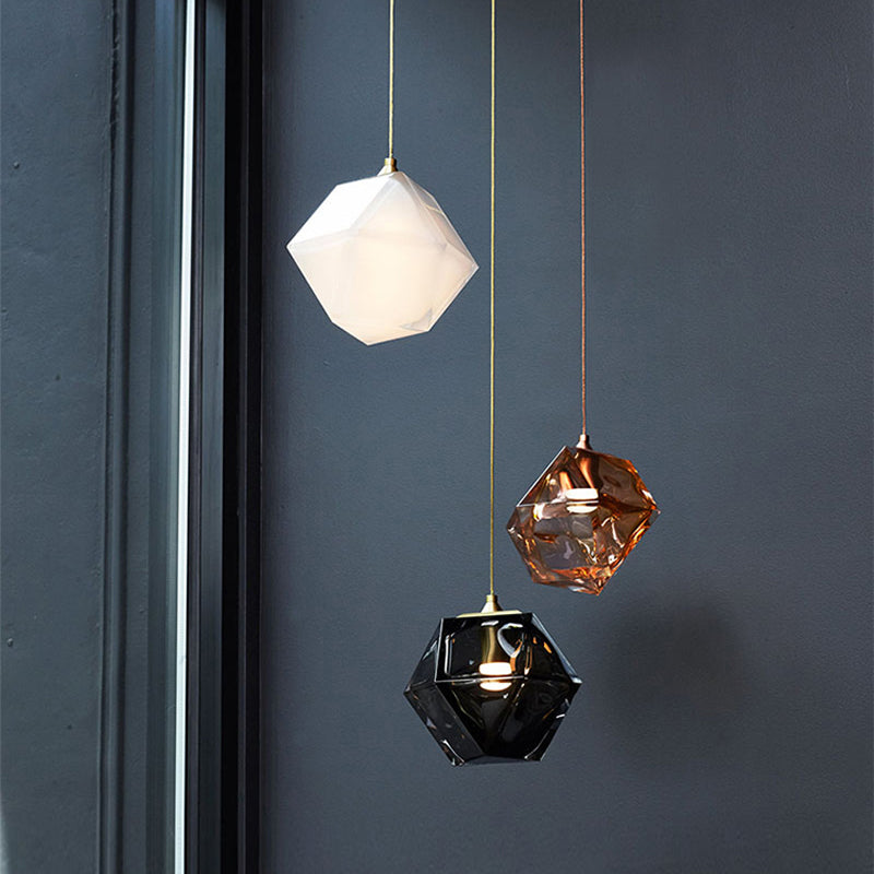 Modern Geometric Pendant Light: White/Smoke Grey/Rose Gold Glass | Stylish Dining Room Ceiling Hang Lamp