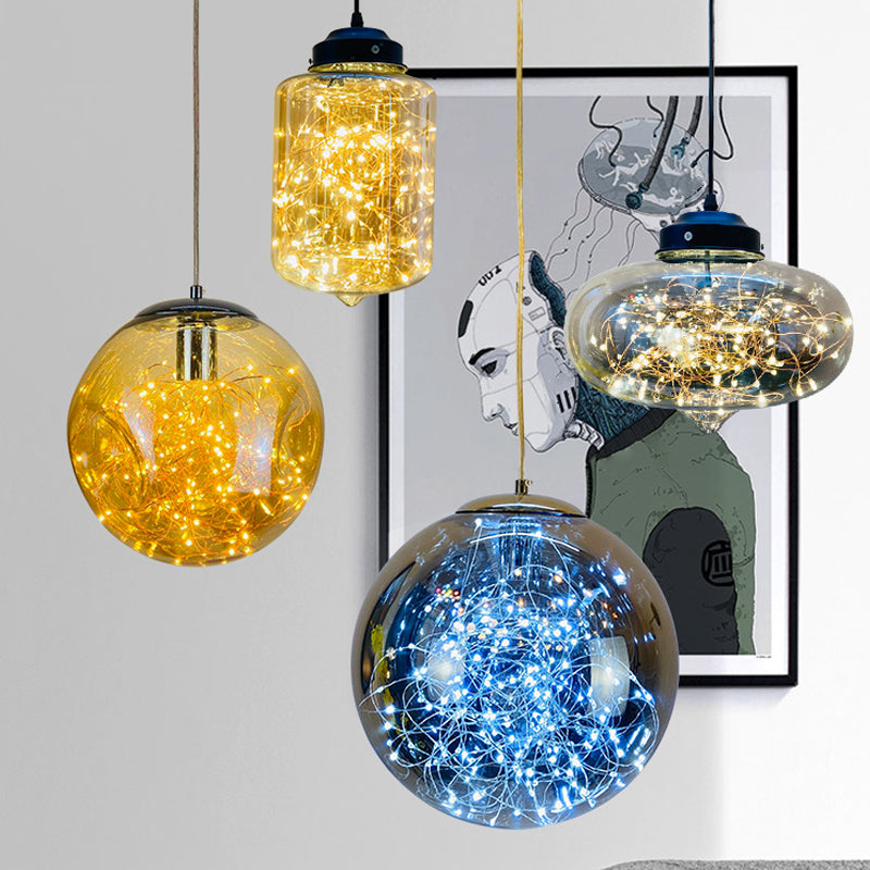 Postmodern Smoke Grey Glass Led Pendant Lamp Ideal For Dining Room - Sphere/Cylinder/Oval Shape