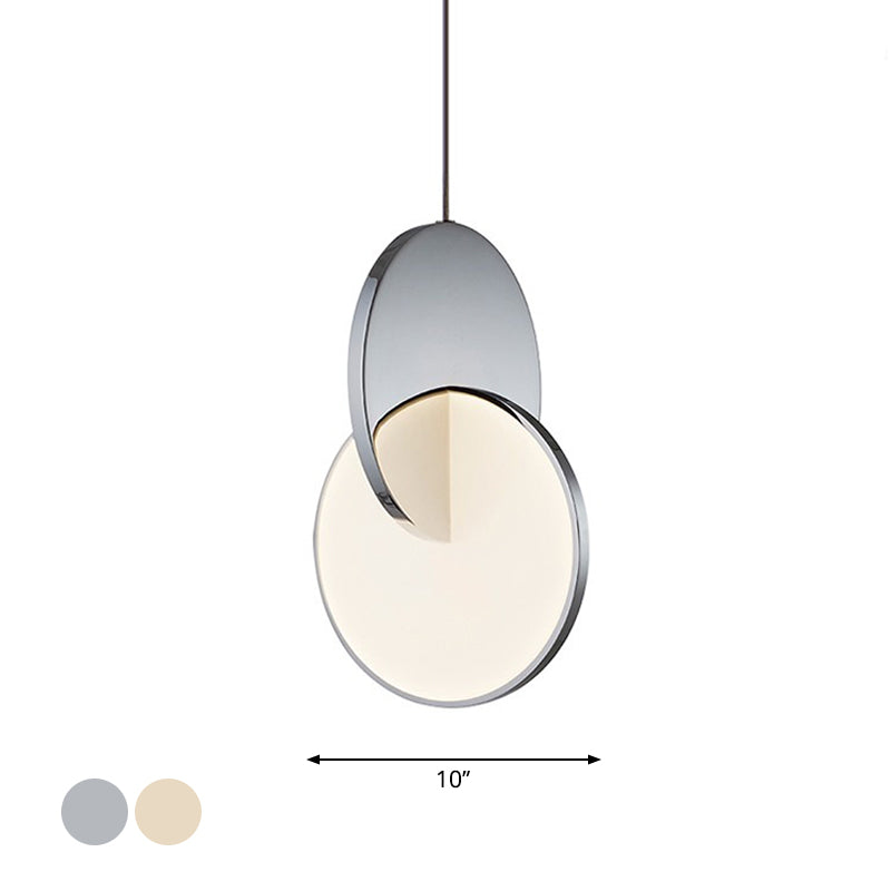 Modern LED Pendulum Light with Chrome/Gold Interlocked Discs & Acrylic Shade, 7"/10" Width