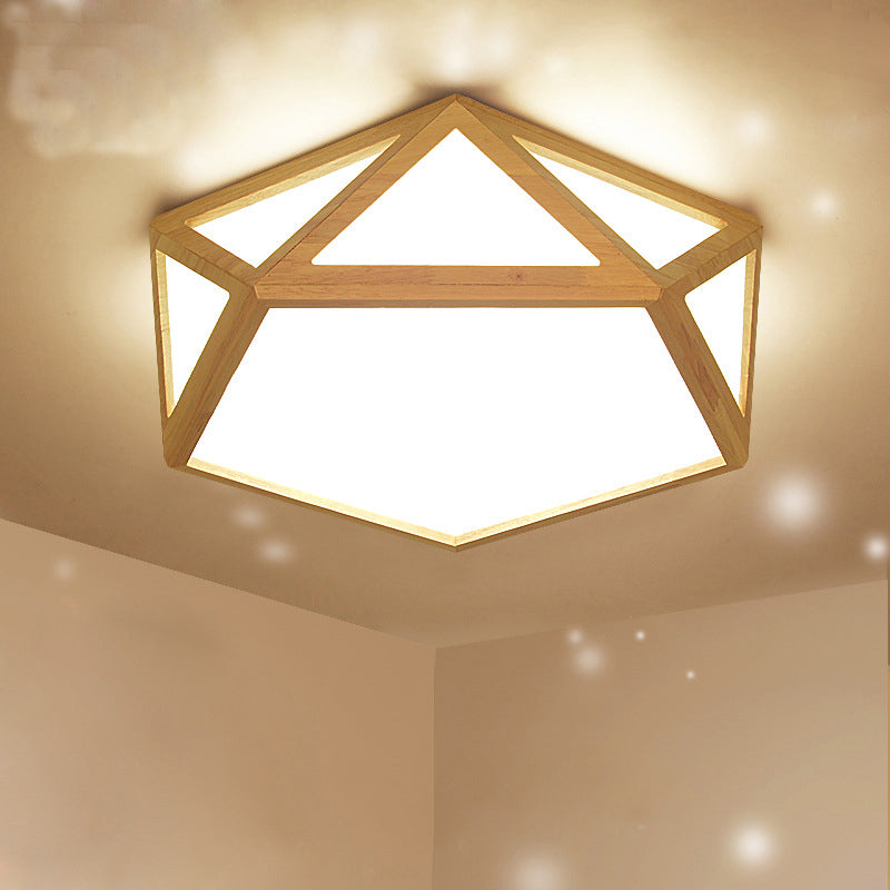 Modern Pentagon Flush Mount Acrylic Led Ceiling Lamp In Wood - 15/19/27 Diameter Warm/White Light /