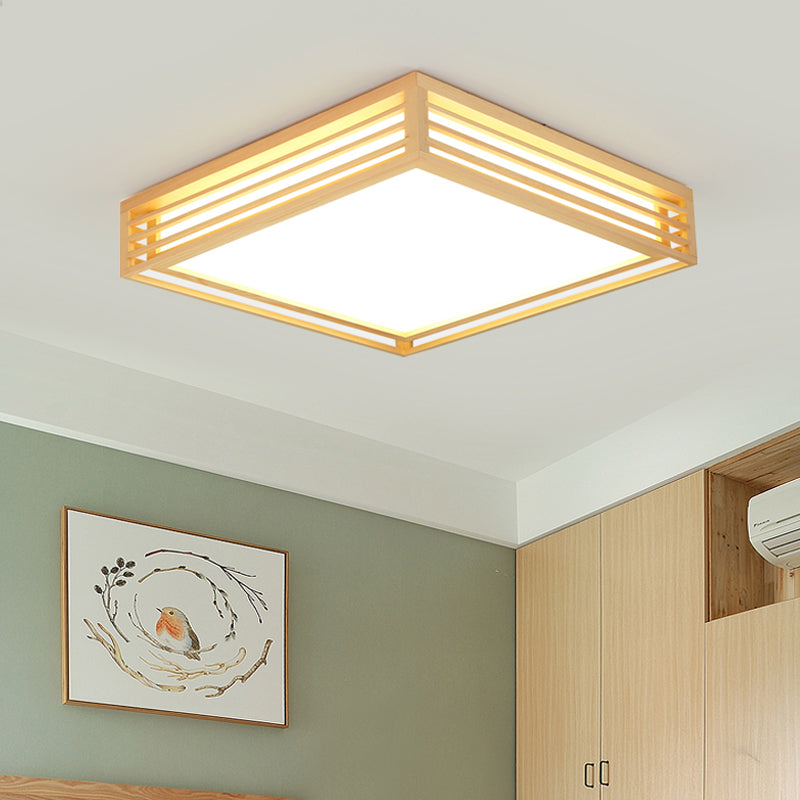 Plafonnier carré en acrylique - Luminaire à DEL beige asiatique à lumière chaude/blanche avec cadre en bois, 14"/21,5"/25,5" L