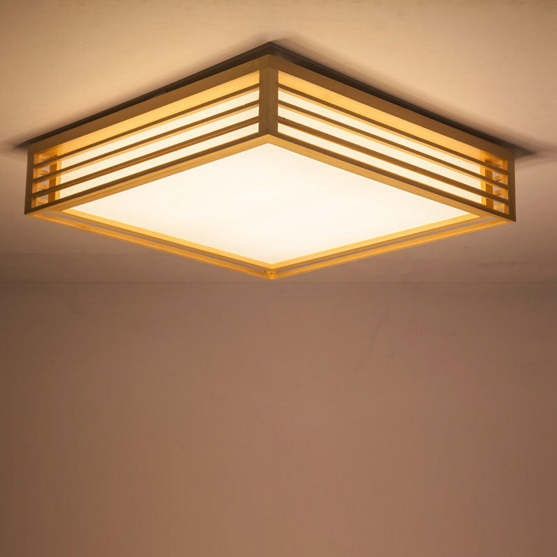 Plafonnier carré en acrylique - Luminaire à DEL beige asiatique à lumière chaude/blanche avec cadre en bois, 14"/21,5"/25,5" L