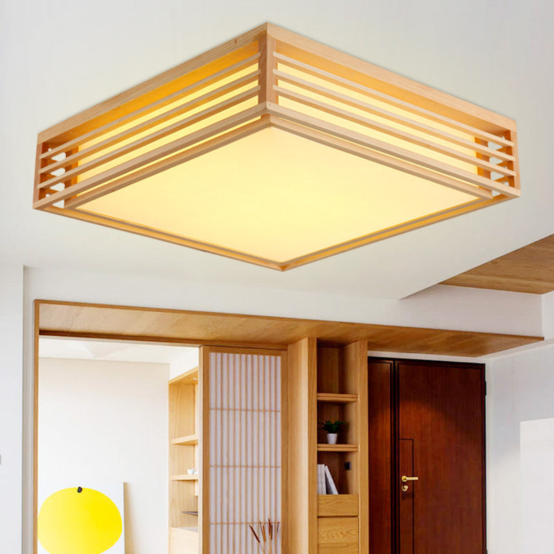Plafonnier carré en acrylique - Luminaire à DEL beige asiatique à lumière chaude/blanche avec cadre en bois, 14"/21,5"/25,5" L