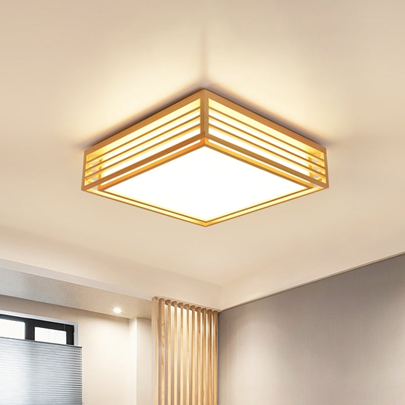 Plafonnier carré en acrylique - Luminaire à DEL beige asiatique à lumière chaude/blanche avec cadre en bois, 14"/21,5"/25,5" L