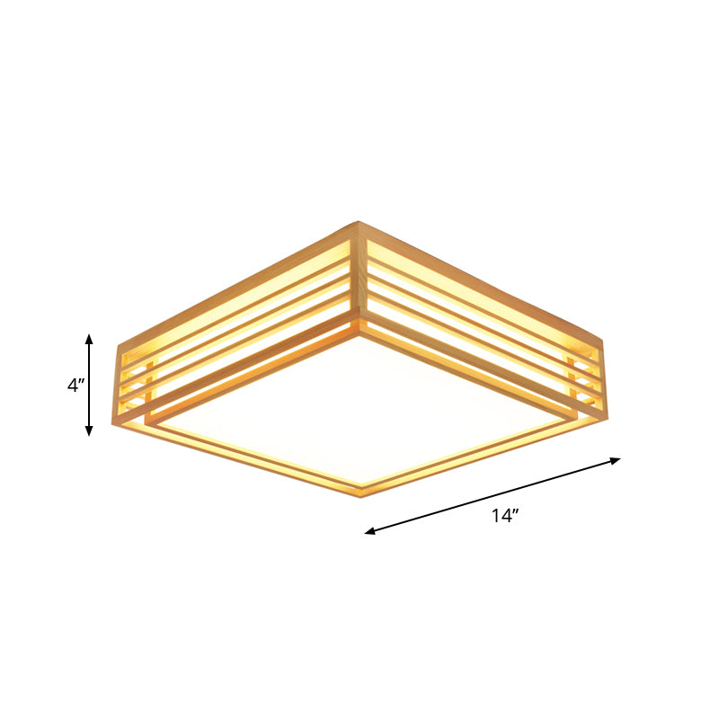 Plafonnier carré en acrylique - Luminaire à DEL beige asiatique à lumière chaude/blanche avec cadre en bois, 14"/21,5"/25,5" L