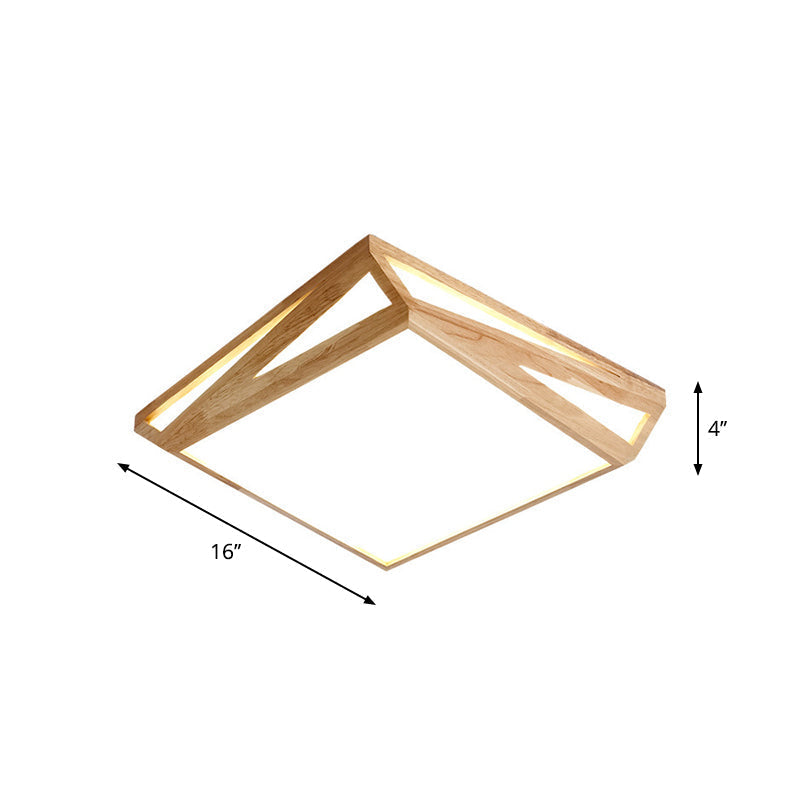 Modern Wood LED Ceiling Lamp in Warm/White Light - Square/Rectangle Flush Mount, 16"/19"/38" W for Living Room
