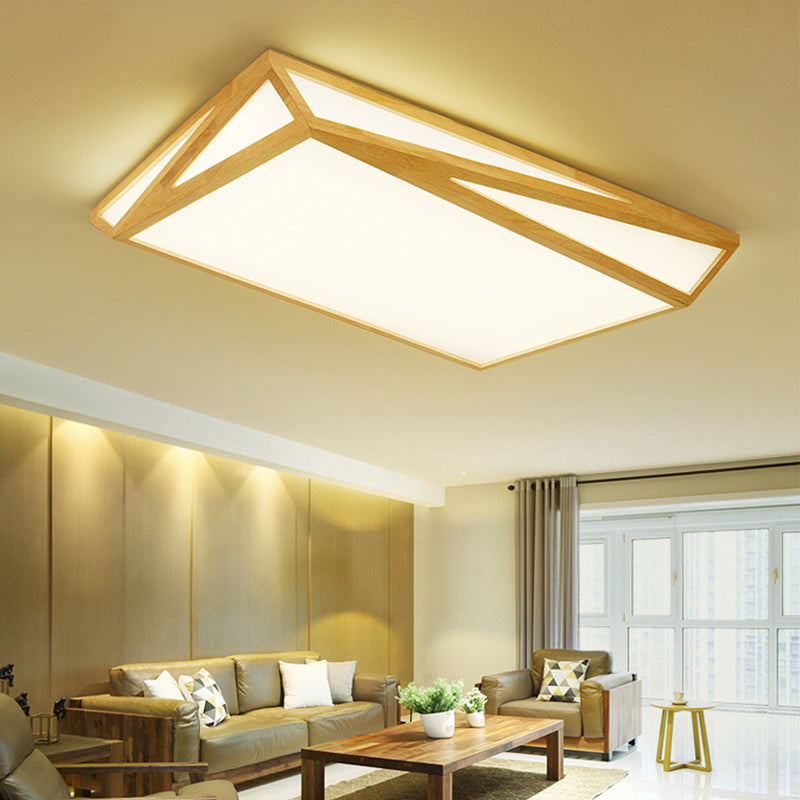 Modern Wood LED Ceiling Lamp in Warm/White Light - Square/Rectangle Flush Mount, 16"/19"/38" W for Living Room