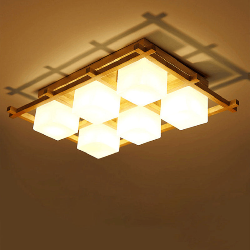 Plafonnier semi-encastré en grille de bois moderne avec 4/6/9 têtes en verre laiteux en beige