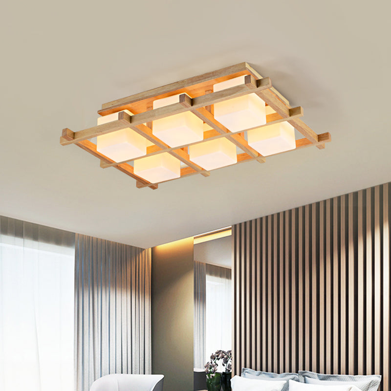 Modern Wood Grid Semi Flush Mount Ceiling Light With 4/6/9 Milk Glass Heads In Beige