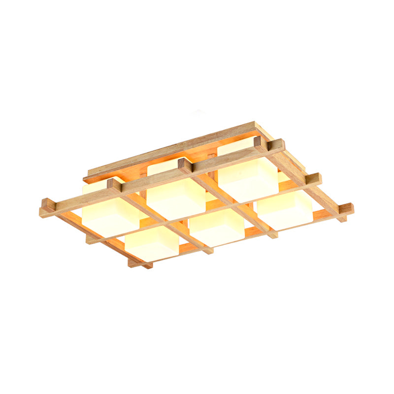 Plafonnier semi-encastré en grille de bois moderne avec 4/6/9 têtes en verre laiteux en beige