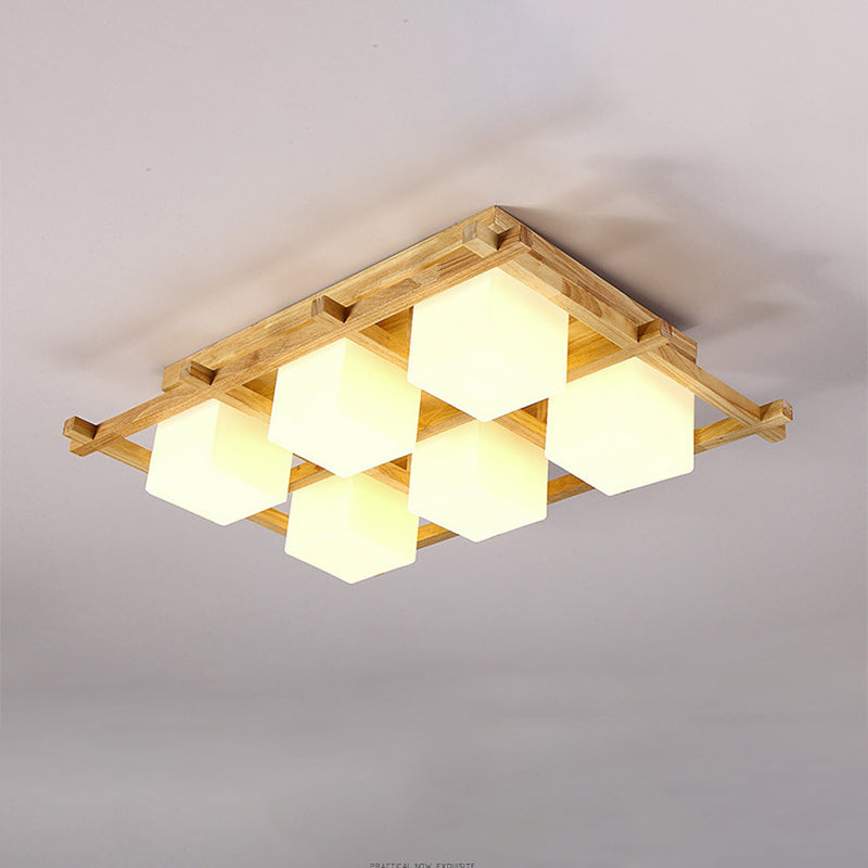 Plafonnier semi-encastré en grille de bois moderne avec 4/6/9 têtes en verre laiteux en beige
