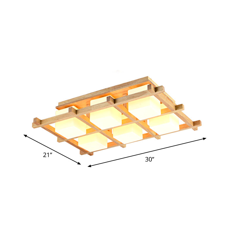 Modern Wood Grid Semi Flush Mount Ceiling Light With 4/6/9 Milk Glass Heads In Beige