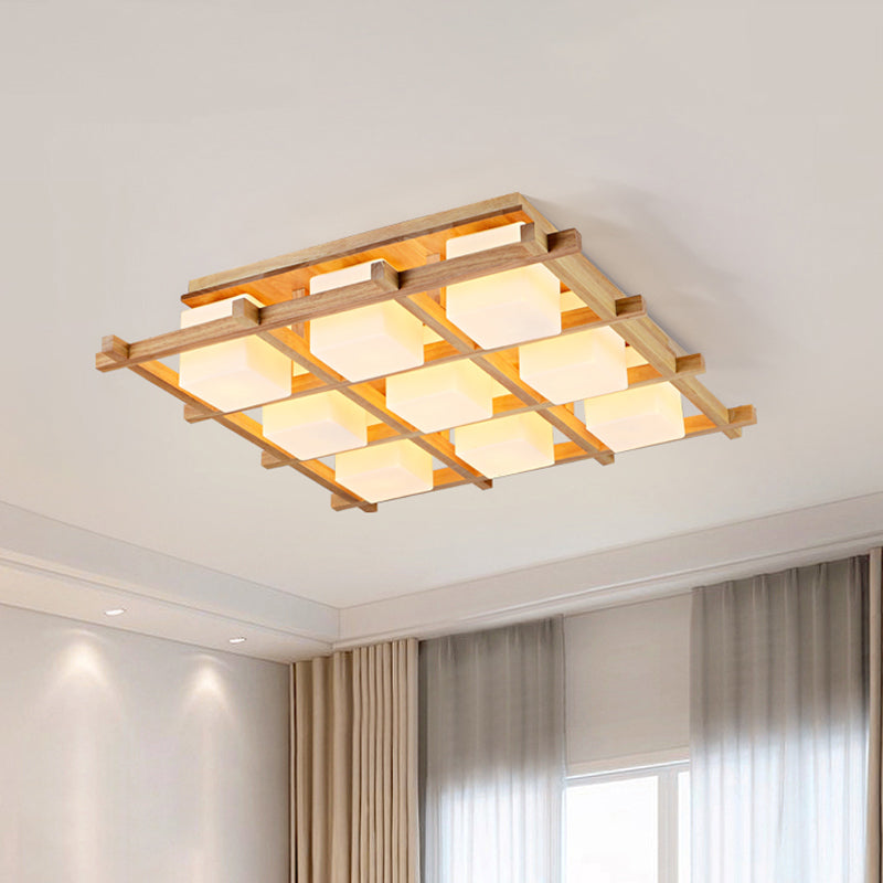 Plafonnier semi-encastré en grille de bois moderne avec 4/6/9 têtes en verre laiteux en beige