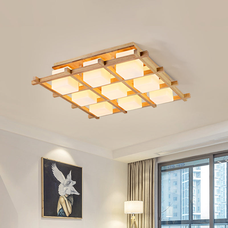 Plafonnier semi-encastré en grille de bois moderne avec 4/6/9 têtes en verre laiteux en beige