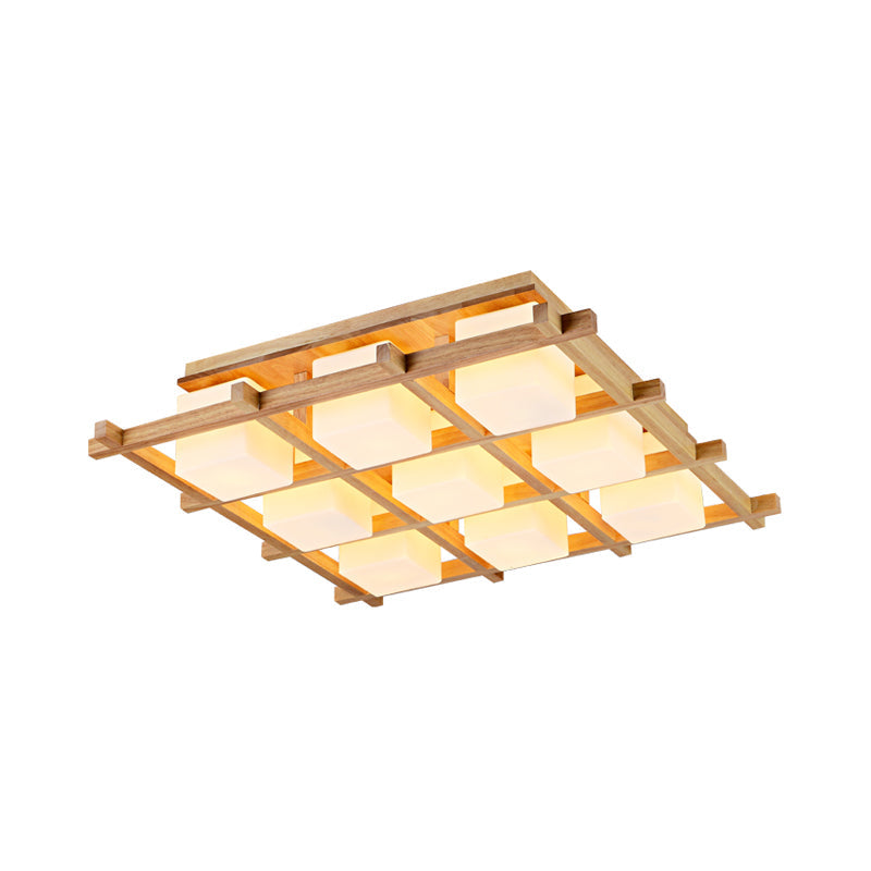 Modern Wood Grid Semi Flush Mount Ceiling Light With 4/6/9 Milk Glass Heads In Beige