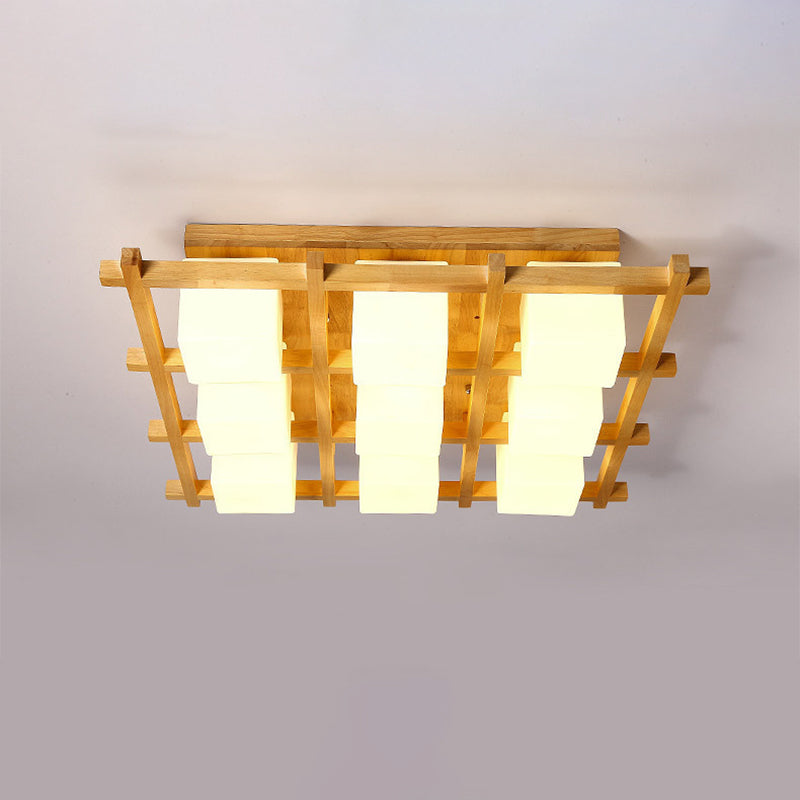 Plafonnier semi-encastré en grille de bois moderne avec 4/6/9 têtes en verre laiteux en beige