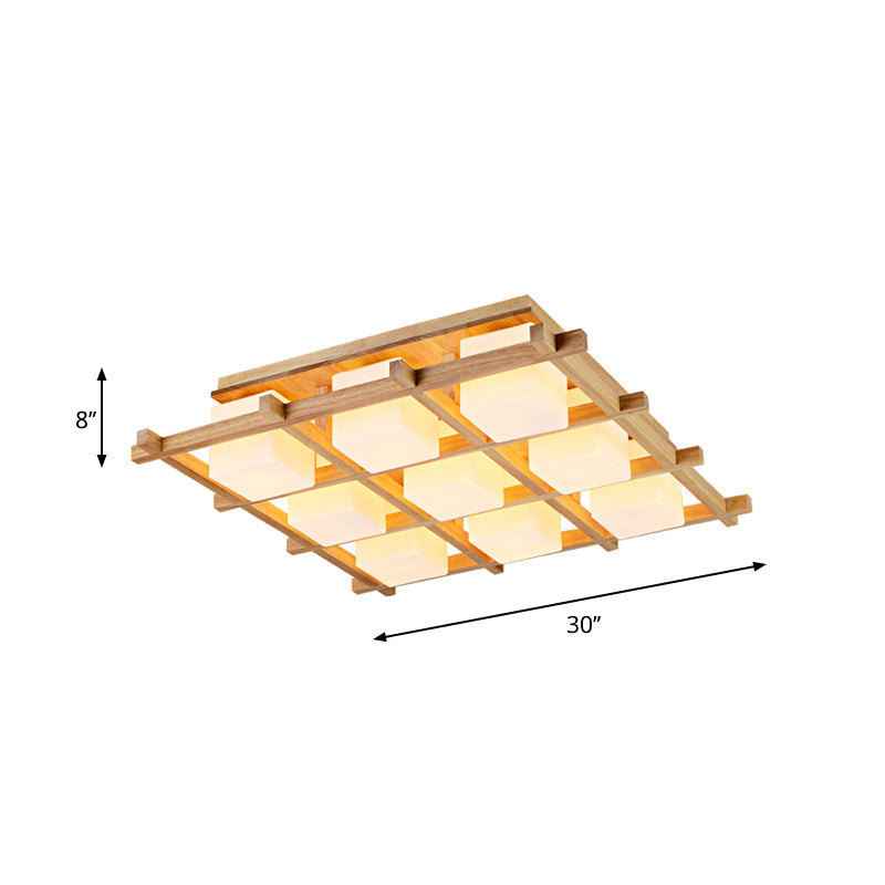 Modern Wood Grid Semi Flush Mount Ceiling Light With 4/6/9 Milk Glass Heads In Beige