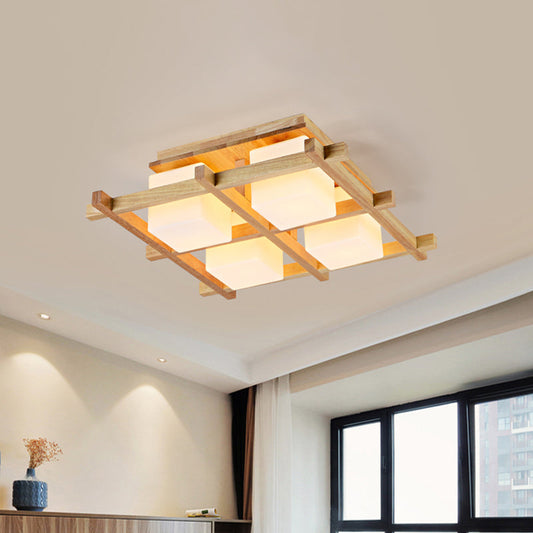 Modern Wood Grid Semi Flush Mount Ceiling Light with 4/6/9 Milk Glass Heads in Beige