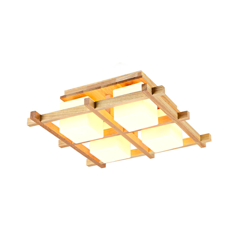 Modern Wood Grid Semi Flush Mount Ceiling Light With 4/6/9 Milk Glass Heads In Beige