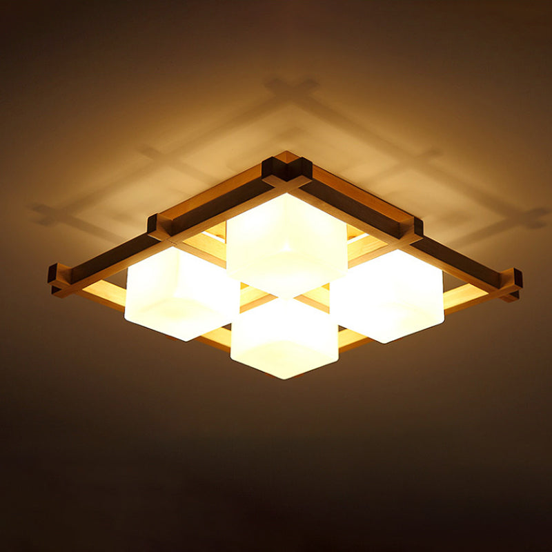 Plafonnier semi-encastré en grille de bois moderne avec 4/6/9 têtes en verre laiteux en beige