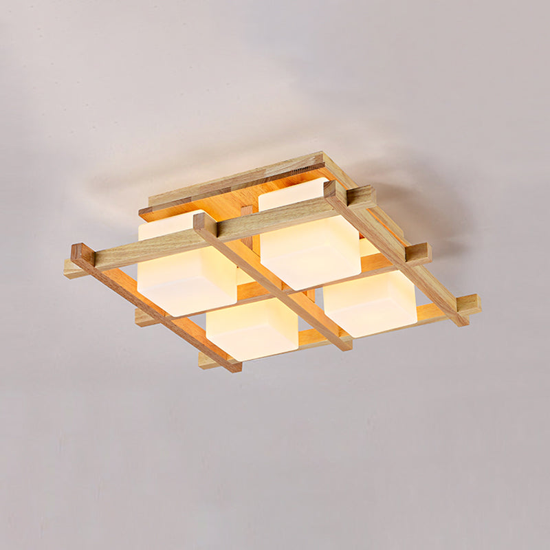 Modern Wood Grid Semi Flush Mount Ceiling Light With 4/6/9 Milk Glass Heads In Beige