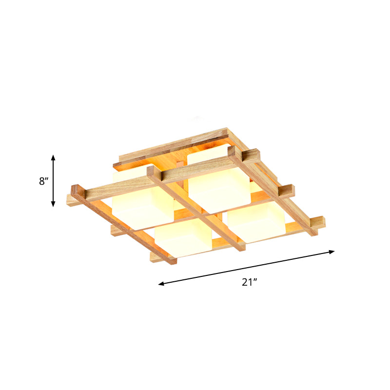 Modern Wood Grid Semi Flush Mount Ceiling Light With 4/6/9 Milk Glass Heads In Beige