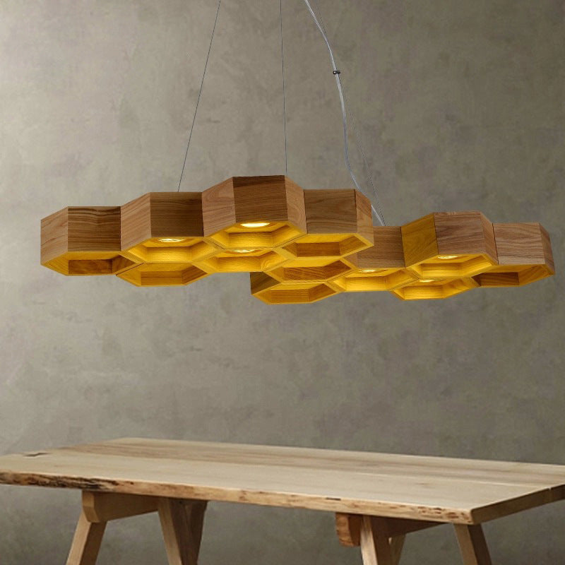 Suspension moderne Beehive : Lustre suspendu à 6 lumières en bois marron pour salle à manger