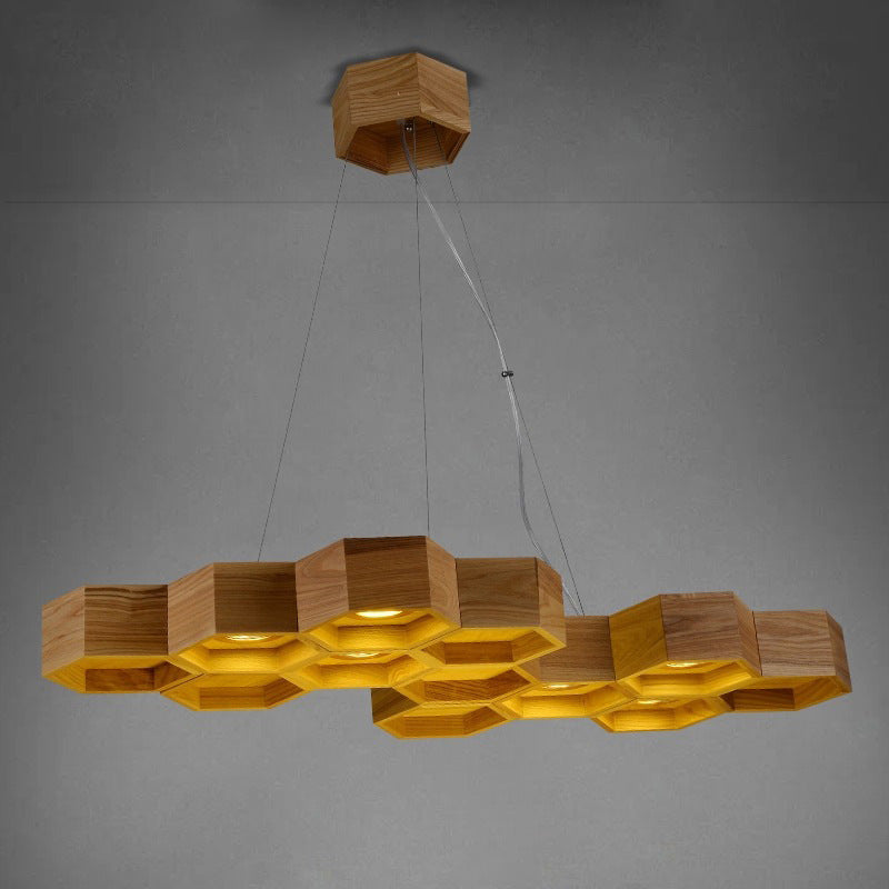 Suspension moderne Beehive : Lustre suspendu à 6 lumières en bois marron pour salle à manger