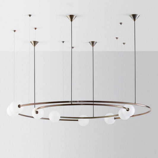 Brass Ringed Glass Chandelier - Postmodern Cream Orb 8-Bulb Light Fixture for Kitchen Bar
