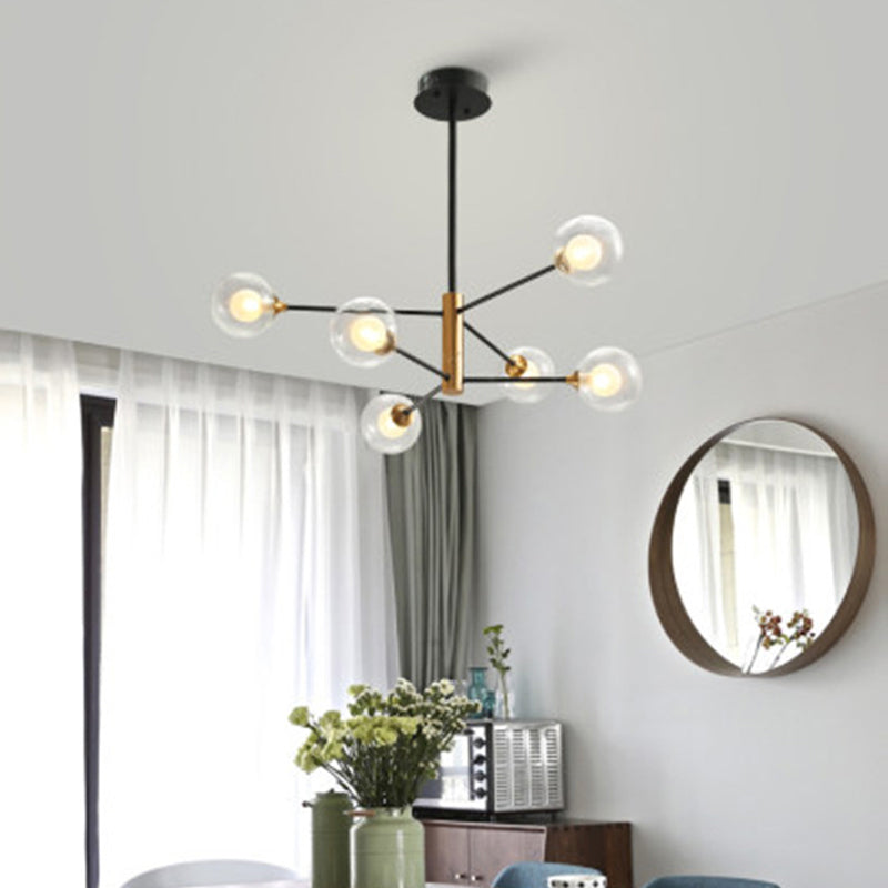 Lustre postmoderne noir et or - 6/8 lumières, motif de branches, abat-jour en verre transparent