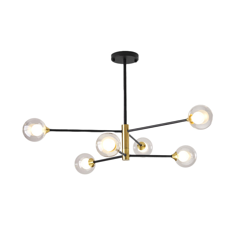 Lustre postmoderne noir et or - 6/8 lumières, motif de branches, abat-jour en verre transparent