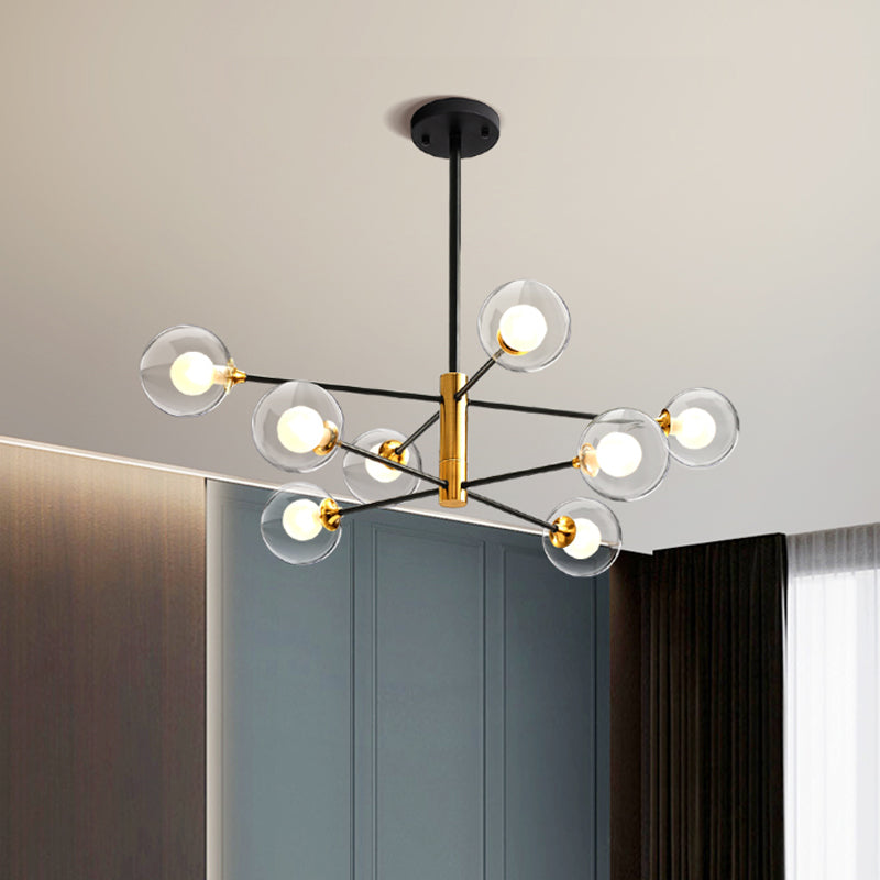 Lustre postmoderne noir et or - 6/8 lumières, motif de branches, abat-jour en verre transparent