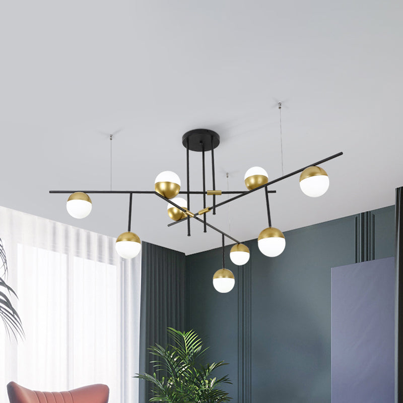 Lustre suspendu postmoderne avec abat-jour en verre boule crème - Finition noire/dorée, 1/3 niveau, 3/9 ampoules