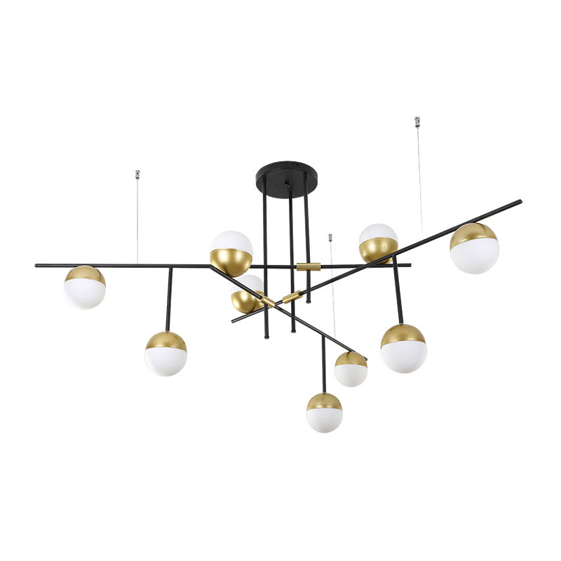 Lustre suspendu postmoderne avec abat-jour en verre boule crème - Finition noire/dorée, 1/3 niveau, 3/9 ampoules