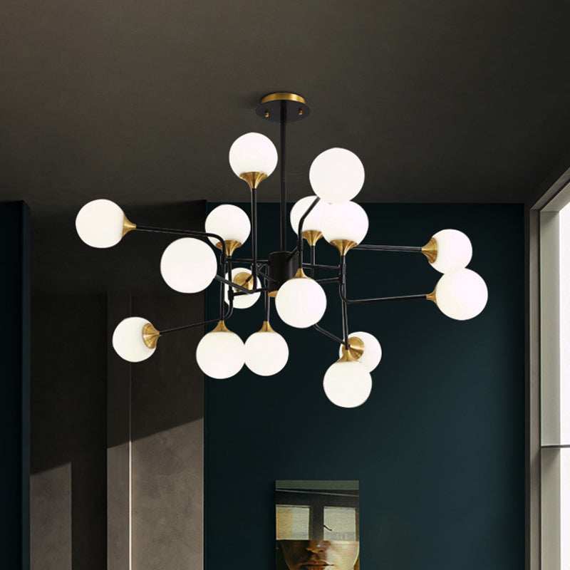 Lampe suspendue moderne en forme de branche noire et dorée avec luminaire en verre à boule laiteuse - 8/12/16 lumières