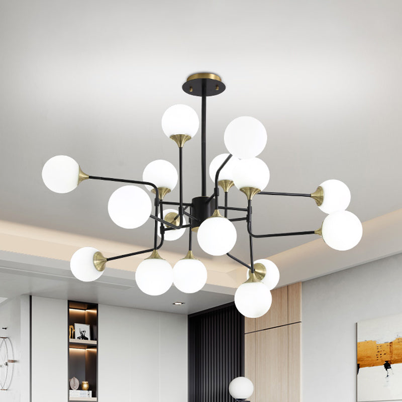Lampe suspendue moderne en forme de branche noire et dorée avec luminaire en verre à boule laiteuse - 8/12/16 lumières
