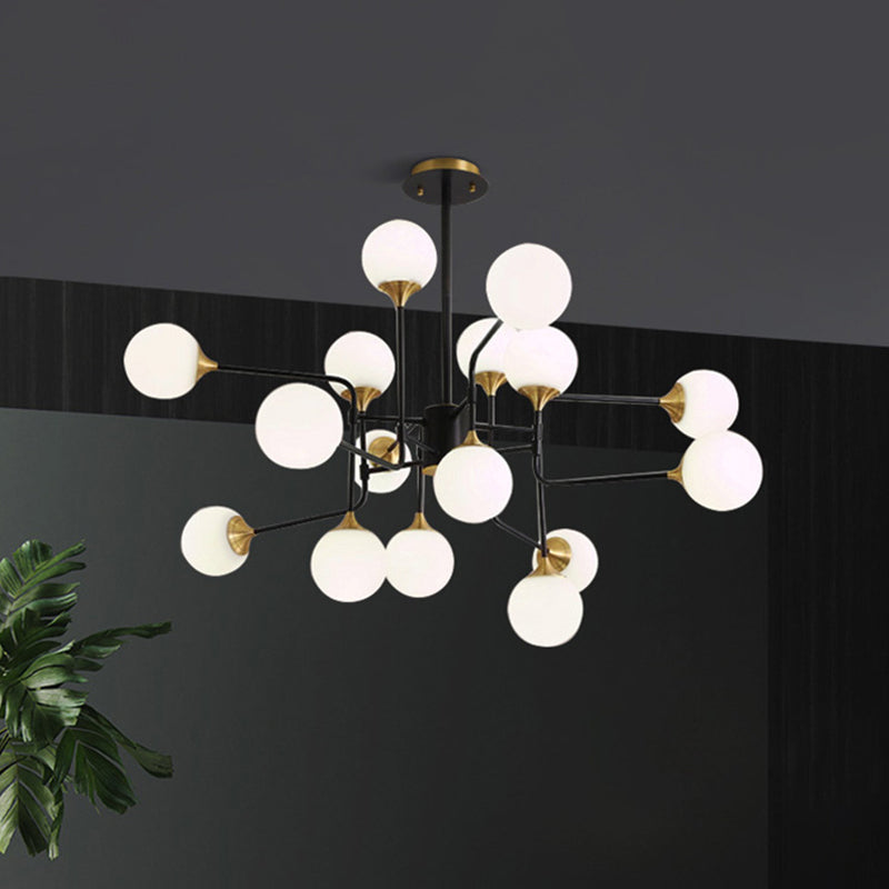 Lampe suspendue moderne en forme de branche noire et dorée avec luminaire en verre à boule laiteuse - 8/12/16 lumières